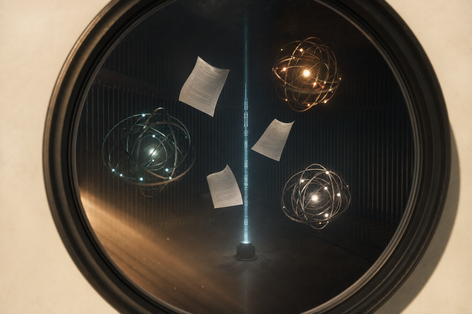 Interior view through the circular viewport: agents, documents, and kernel beam